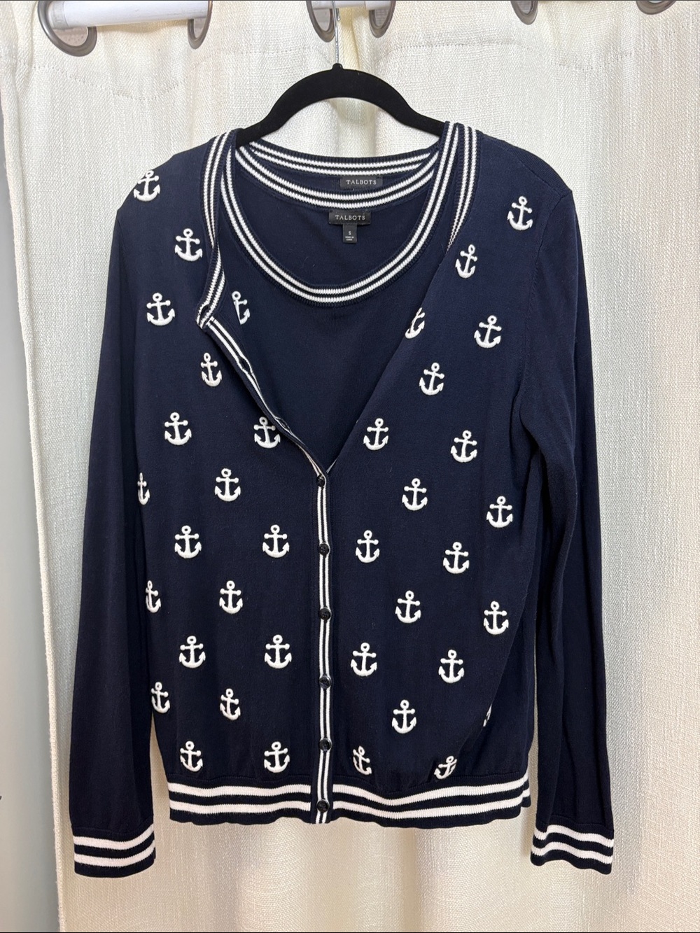 Talbots Navy and White Anchor-Pattern Cardigan and Shell combination